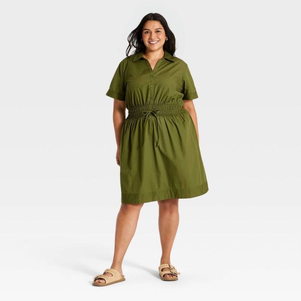 Women's Plus Size Waist-Tie Collared Mini Shirt Summer Dress - Olive Green XXL
